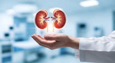 World Kidney Day Medical professional holding a glowing digital rendering of human kidneys, symbolizing urology care and organ health