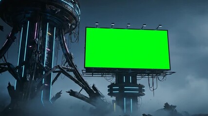 A futuristic billboard with a green screen stands tall in a dark, atmospheric cityscape with glowing neon lights - Powered by Adobe