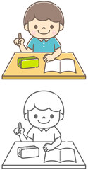 ペンケースとノートが置かれたデスクで学習している男の子のイラスト素材