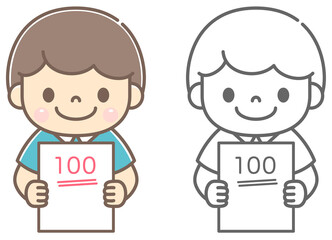 100点満点のテストを持って喜ぶ男の子のイメージイラスト素材