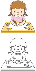学習道具が置かれているデスクで問題を解いている女の子のイラスト素材