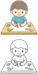 学習道具が置かれているデスクで問題を解いている男の子のイラスト素材