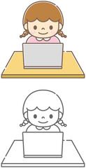 デスクでノートパソコンを操作している女の子のイラスト素材