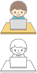 デスクでノートパソコンを操作している男の子のイラスト素材
