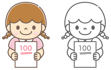 100点満点のテストを持って喜ぶ女の子のイメージイラスト素材