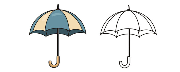 Classic rain umbrellas drawing outline and colored version in blue and beige shades for weather forecast design or coloring book page © Dzianis