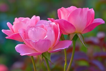 Obraz premium Three vibrant pink roses in close-up, soft focus background