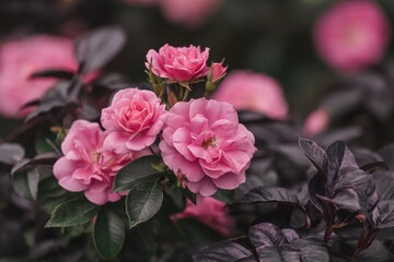 Soft pink roses with dark foliage
