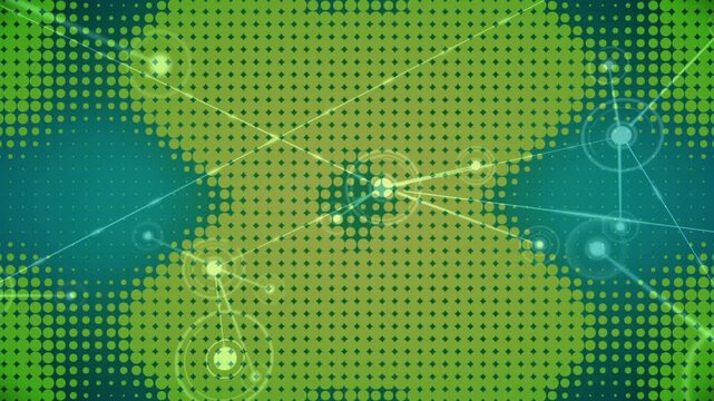 Central pale blue node pulsing triggers yellow dot clusters radiating lines for network display