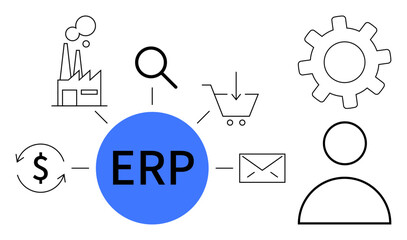 Central ERP hub linked to icons for factory, search, cart, gear, money, email, and user. Ideal for business management, resource planning workflow optimization technology integration automation