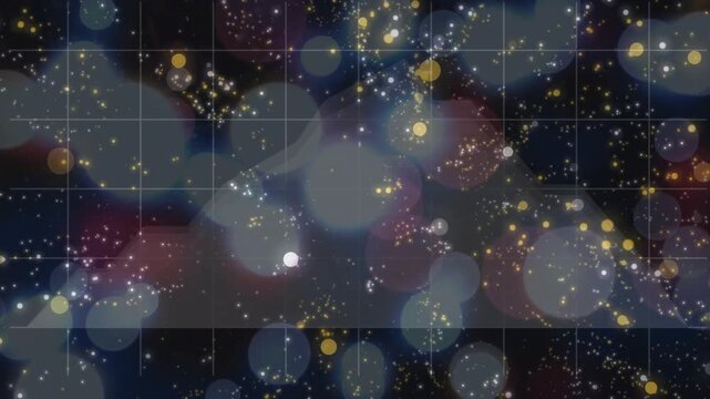 At start yellow and white particles materializing and drifting diagonally over grid to create depth