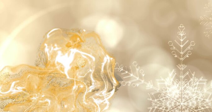 Starting at frame three molten golden fluid emerging and swirling over bokeh for festive mood