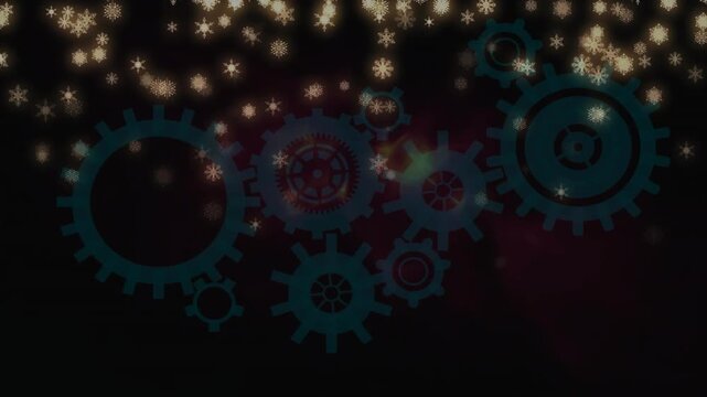 Golden light flakes descending over teal gears after gradient display, creating shimmering veil