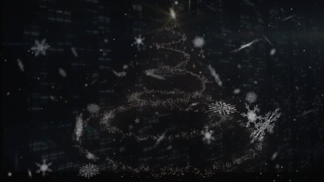 Drifting snowflake particles feeding sparkles into glowing spiral forming tree shape before fading