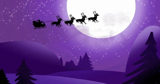Orb shooting upward into green burst, sleigh and reindeer flying across moon to deliver gifts