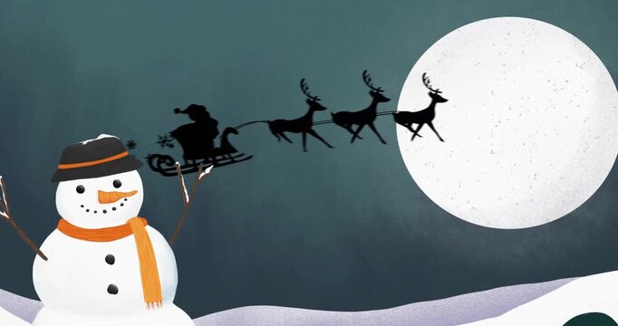 Spark rising near snowman, fireworks erupting before moon, Santa sleigh flying for holiday