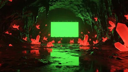 A glowing green screen illuminates a dark cave filled with luminous red crystals reflecting in the water below - Powered by Adobe