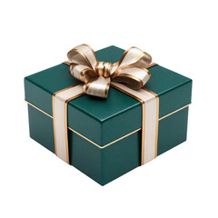 Obraz premium Elegant dark green gift box with gold ribbon isolated on transparent background