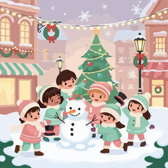 Fototapeta premium Children Building a Snowman Together During the Winter Season with Buildings and a Christmas Tree