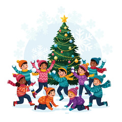 Festive Snowball Fight Joyful Children Play Around a Decorated Christmas Tree in Winter