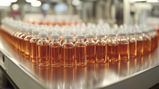 Rows of small, clear glass bottles, filled with amber liquid, sit on a stainless steel conveyor belt in a production facility. White caps secure the tops