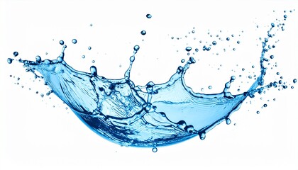 白背景に波打つ鮮やかな水色の水面と水しぶき。クリーンで透明感のある水、飲料、清涼感のダイナミックな波