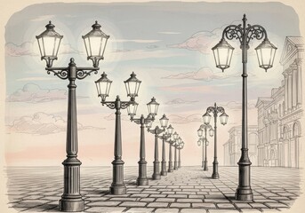 Vintage streetlights lining a cobblestone path under a cloudy sky drawing