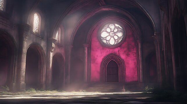 Ruined gothic church interior, misty ambiance