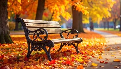 A park bench, surrounded by vibrant autumn foliage, sits alongside a walkway. Sunlight warms the scene with colorful leaves