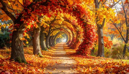A scenic pathway is flanked by trees with vibrant autumn foliage creating an archway. Sunlit leaves cascade onto the path