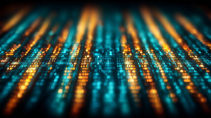 Streams of binary data flow across a surface, conveying information processing, big data analytics and digital transformation.