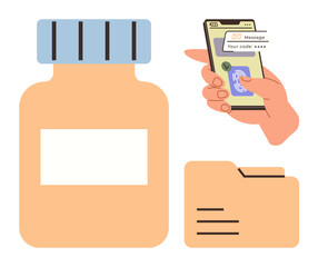 Hand using fingerprint scanner on a smartphone, digital folder with documents, and medicine bottle. Ideal for digital security, mobile authentication, healthcare data, medical records, privacy