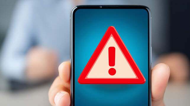 Smartphone displays a warning sign, highlighting scam alert, phishing risk and the need for cautious digital behavior.
