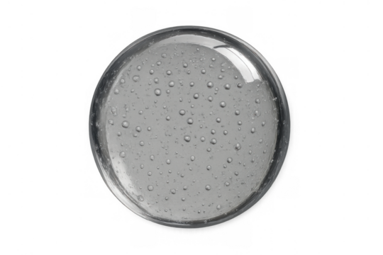 Clear gel sphere with air bubbles on transparent background displaying purity, science, cosmetic, and abstract concepts