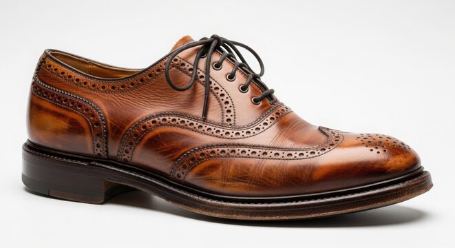 Classic brown leather wingtip brogue oxford dress shoe for men isolated on white background
