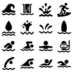Obraz premium Water Icon Collection: A set of graphical representations of water elements, ideal for diverse applications in design, including swimming and surfing.