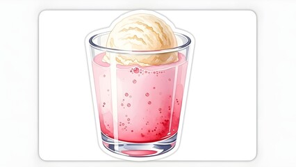 Pastel Strawberry Float-Soft watercolor glass of strawberry milk with ice cream scoop on top, gentle pink hue, transparent bubbles, minimalist background, clean white border for sticker style.