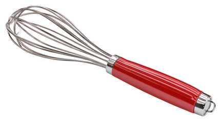 Manual Egg Beater with Stainless Steel Whisks and Red Handle on Transparent Background