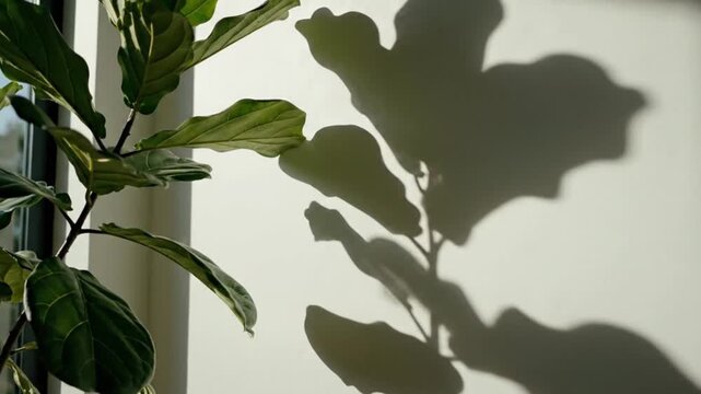 Captivating shadows of a fiddle leaf fig plant indoor space photography natural light close-up view minimalist aesthetics