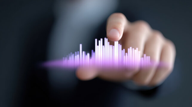Digital data visualization with hand pointing at glowing purple bar chart, futuristic technology concept