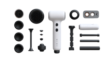 White hair curler and attachments isolated on transparent background