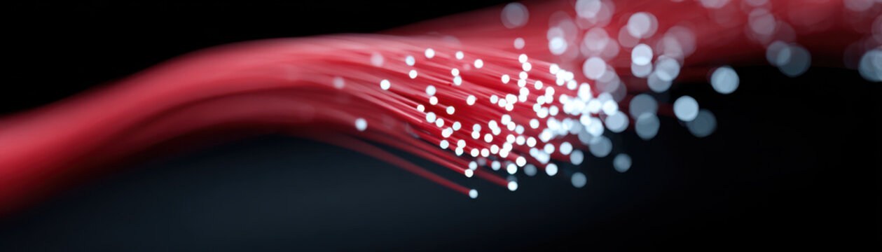 Glowing red fiber optic cables with bright light points on dark background showing fast data transmission concept