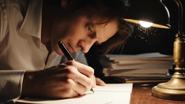 Journalist Writing Expos&eacute; Under Lamp Capturing Courage and Solitude