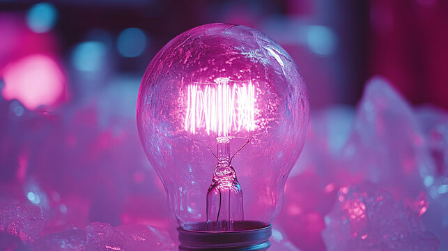 Illuminated lightbulb radiating vibrant pink energy, a symbol of innovative solutions and creative ideas, perfect for tech startups and modern design firms