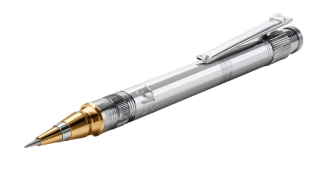 Elegant ornate silver fountain pen with gold nib isolated on transparent background