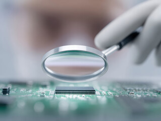 Engineer examining printed circuit board with magnifier, focused on microchip inspection in electronics lab