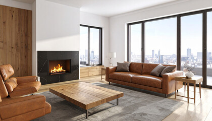 interior design, fireplace, flames, white walls, wood, woodwork, windows, wood floors, leather furniture, industrial decor, elegant, bright, light, table, mantel