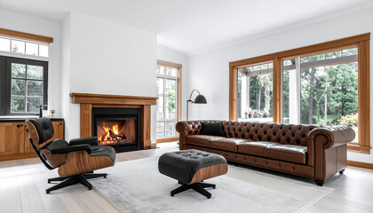 interior design, fireplace, flames, white walls, wood, woodwork, windows, wood floors, leather furniture, industrial decor, elegant, bright, light, table, mantel