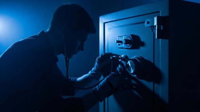 A male thief cracking a safe in a dark room using a stethoscope, showing crime and illicit activity footage.