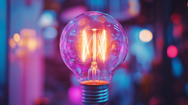 Edison bulb radiates vibrant colors, sparking creative inspiration and innovative ideas in a stunning modern setting for forward-thinking businesses